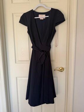 Gal Meets Glam Navy Blue Wrap Midi Dress with Waist Tie